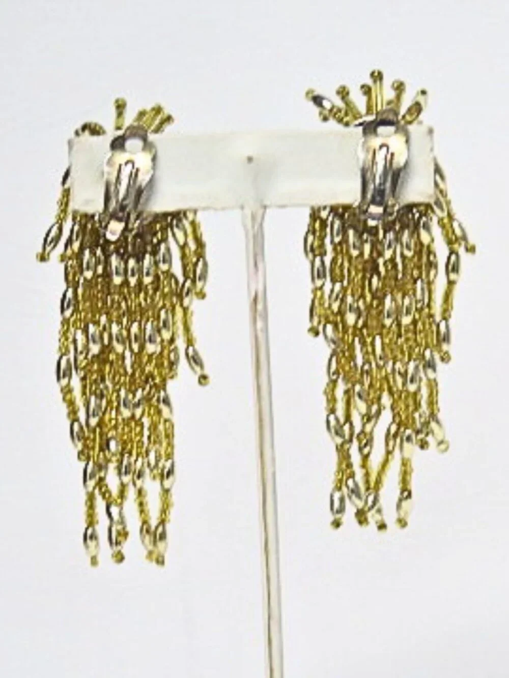Vintage Gold Tone Waterfall Tassel Clip-On Earrings Statement Estate Jewelry